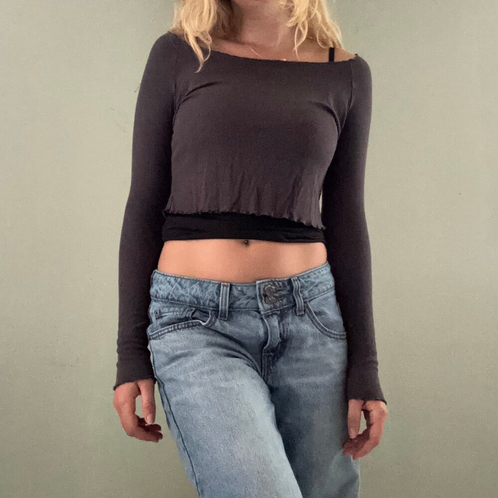 Cider Ribbed Off The Shoulder Long Sleeve Top Gray Lettuce Hem Size Medium
